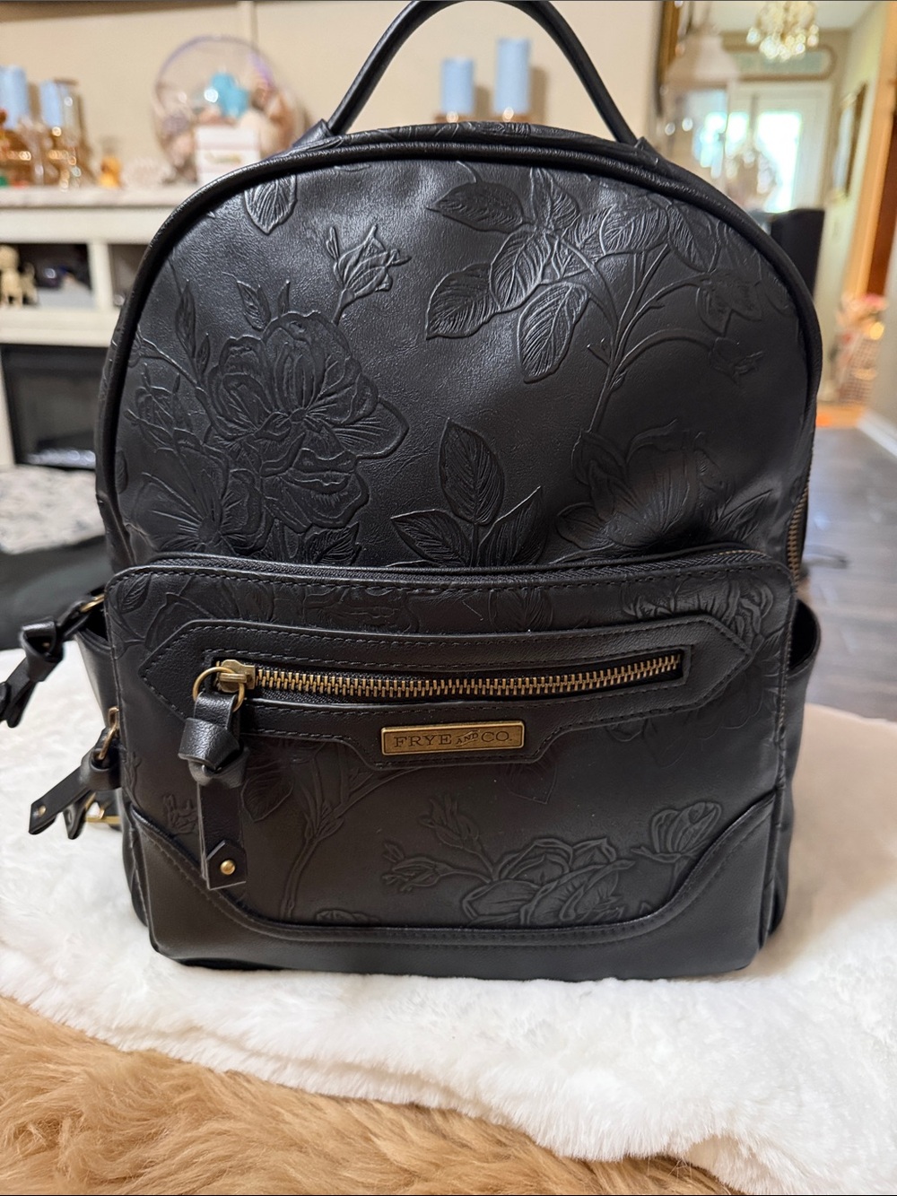 Frye & Co Brown Embossed Dome Backpack Tooling Leather Look Western Black